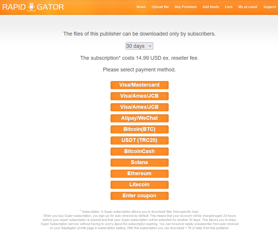 Rapidgator プレミアム公式プレミアムクーポン 最高 180日間 入金確認後1分～24時間以内発送